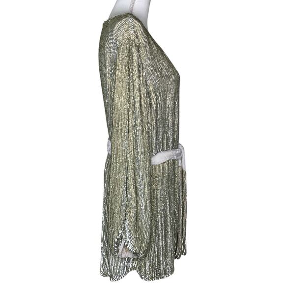 Retrofête Selma Champage Sequin Split Sleeve Keyhole Belted Robe Mini Dress - Picture 7 of 16